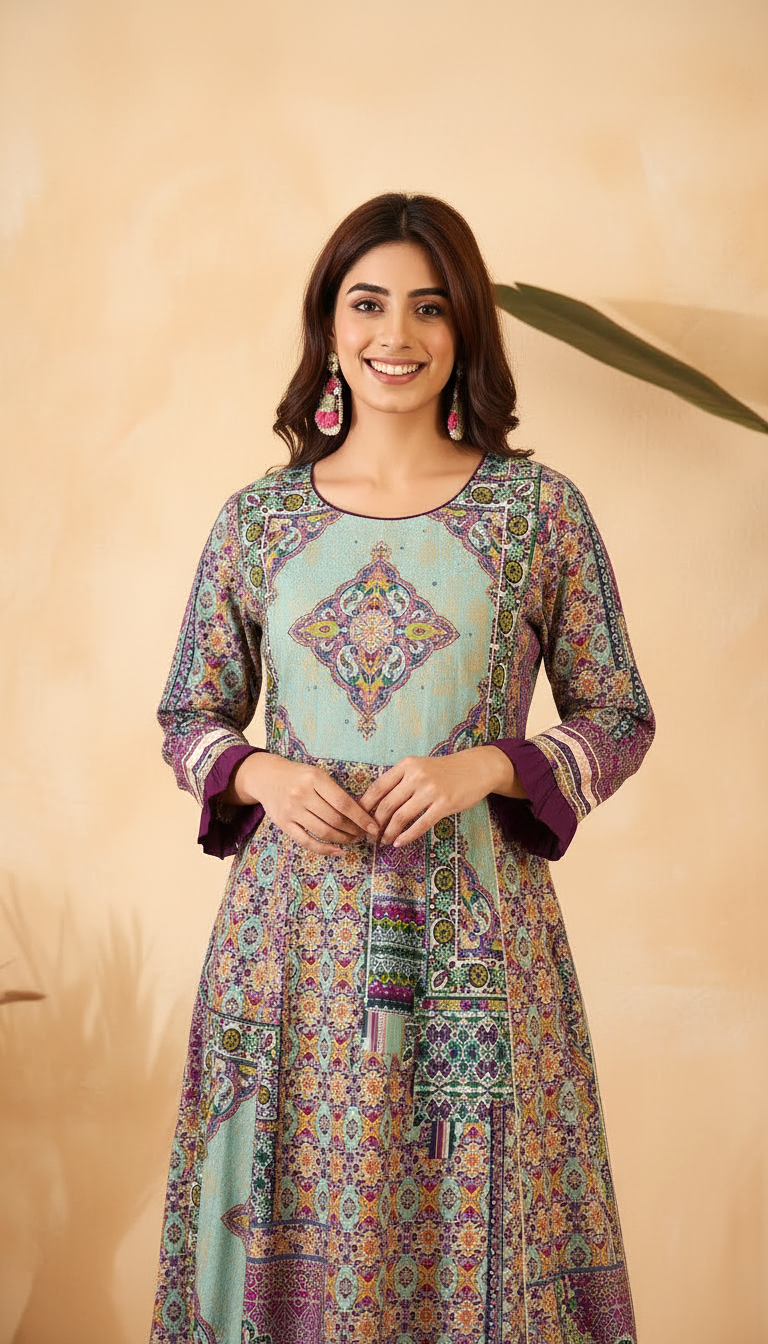 Daylist Mosaic Print Anarkali Gown – Longline Ethnic Dress with Pleated Accents & Gota Patti Work