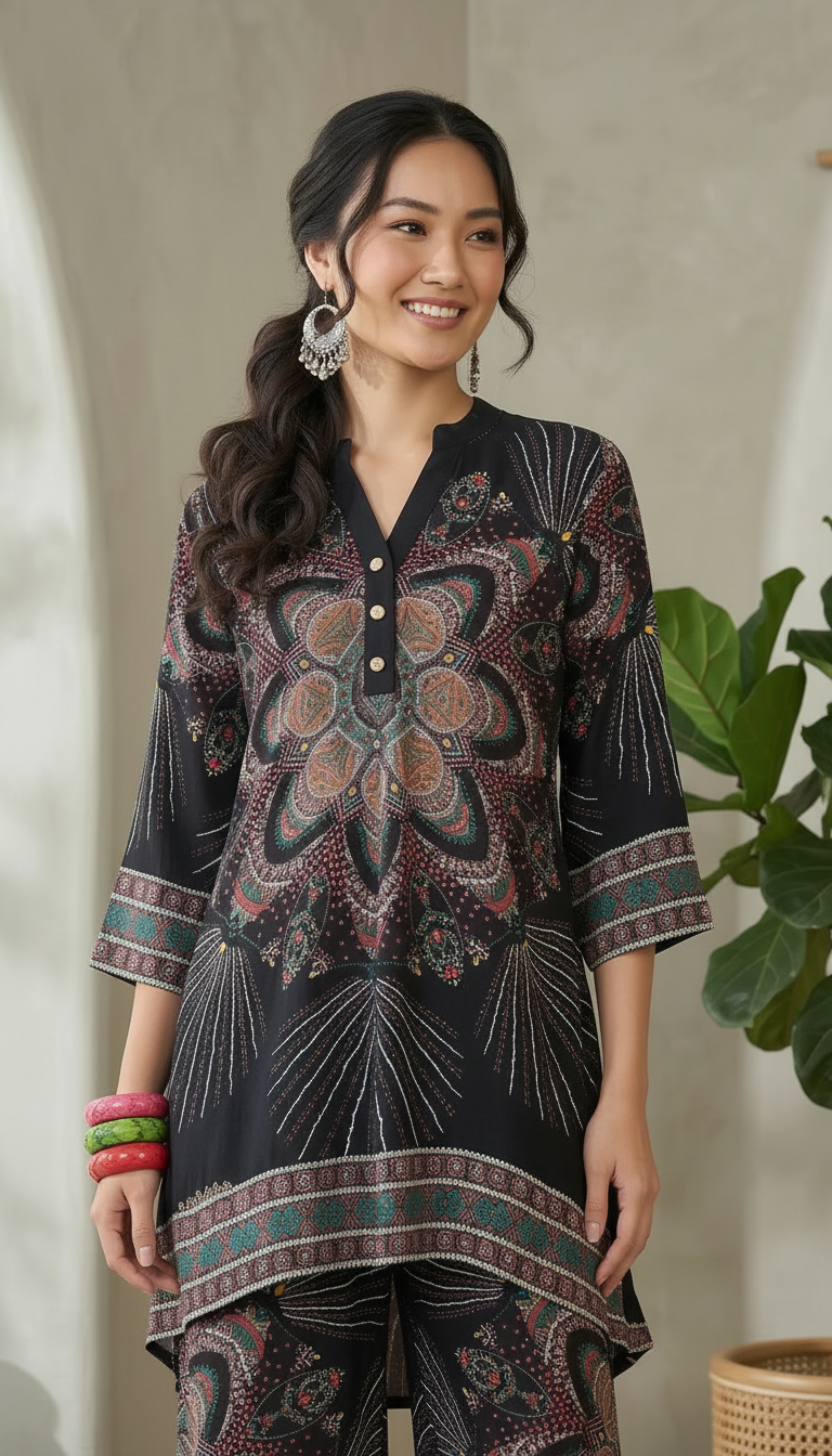 Daylist Midnight Mandala High-Low Tunic & Wide-Leg Pant Co-ord Set – 2-Piece Fusion Outfit