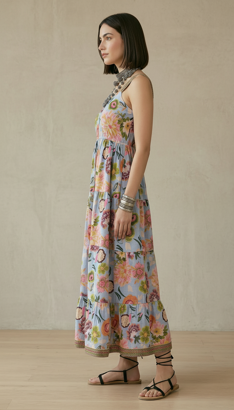 Pastel Blue Floral Tiered Maxi Dress with Embroidered Straps | Daylist.in