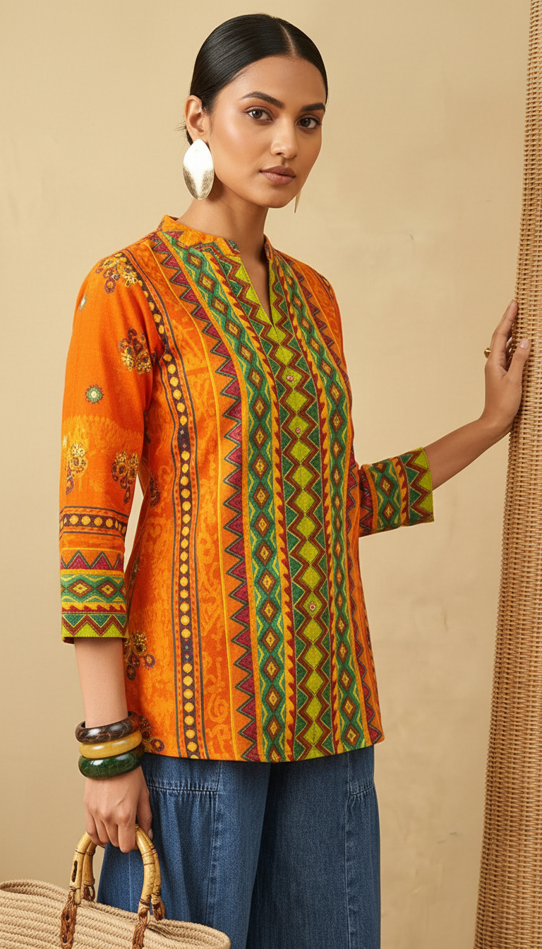 Mandarin Collar Ikat-Inspired Geometric Tunic in Sunset Orange