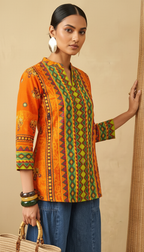 Mandarin Collar Ikat-Inspired Geometric Tunic in Sunset Orange