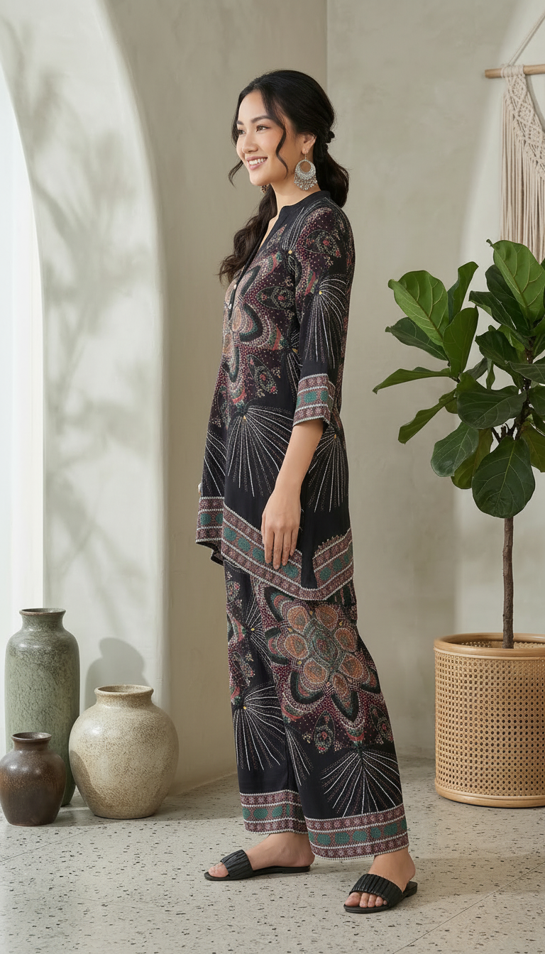 Daylist Midnight Mandala High-Low Tunic & Wide-Leg Pant Co-ord Set – 2-Piece Fusion Outfit