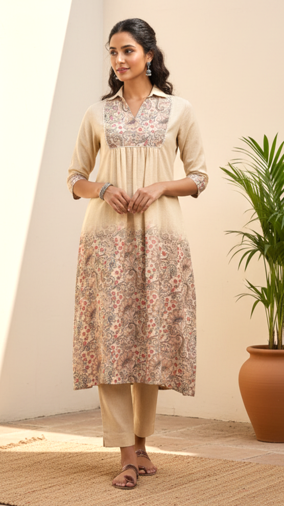 Beige Floral Print Kurta Set with Embroidered Yoke