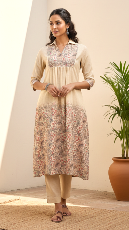 Beige Floral Print Kurta Set with Embroidered Yoke