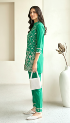 Emerald Green Embroidered Co-ord Set | Schiffli Tunic & Trousers | Daylist.in