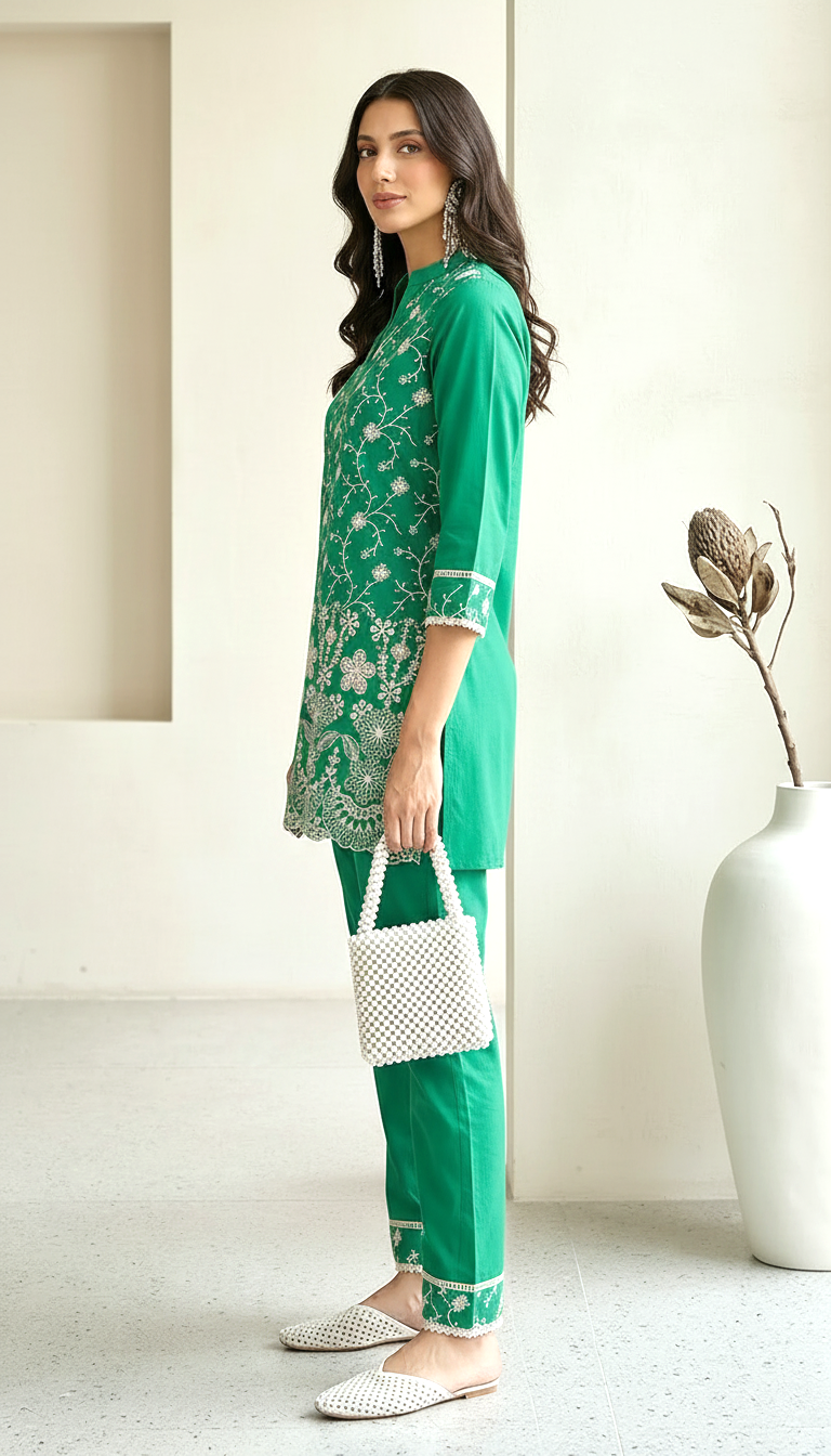 Emerald Green Embroidered Co-ord Set | Schiffli Tunic & Trousers | Daylist.in