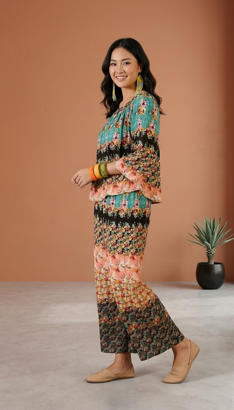 Daylist Botanical Horizon Co-ord Set – Relaxed Off-Shoulder Blouse & Wide-Leg Trouser Ensemble