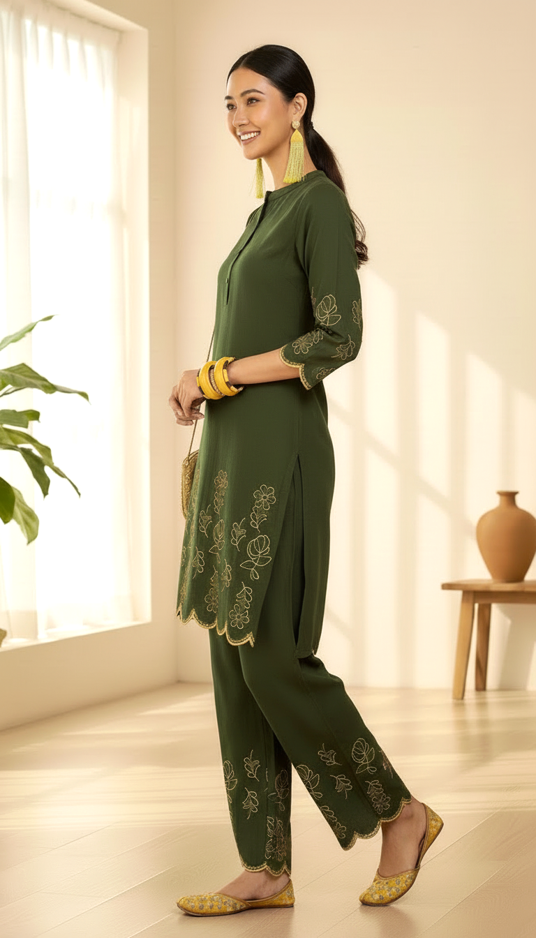 Daylist Olive Grace Embroidered Co-ord Set – Scalloped Hem Kurta with Wide-Leg Trousers