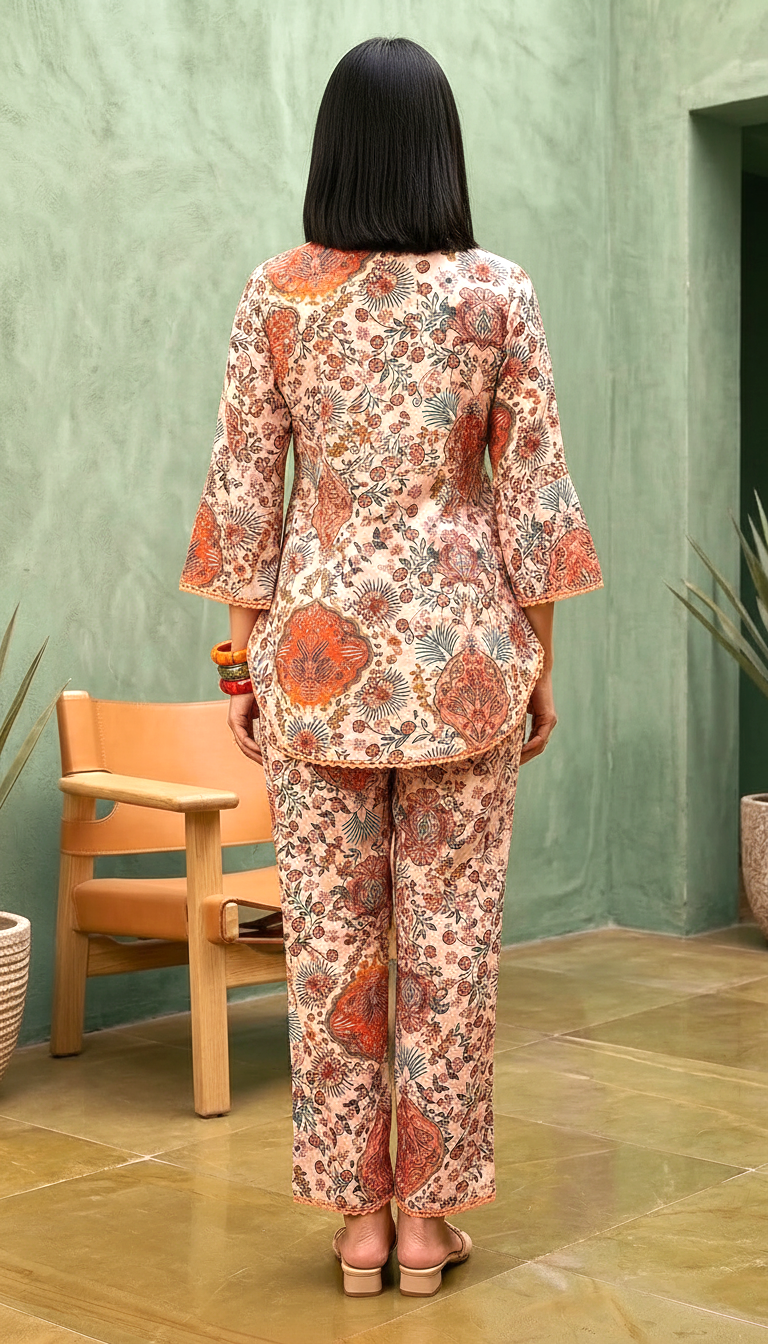 Daylist Beige Floral Printed Co-Ord Set with Relaxed Shirt & Straight Pants