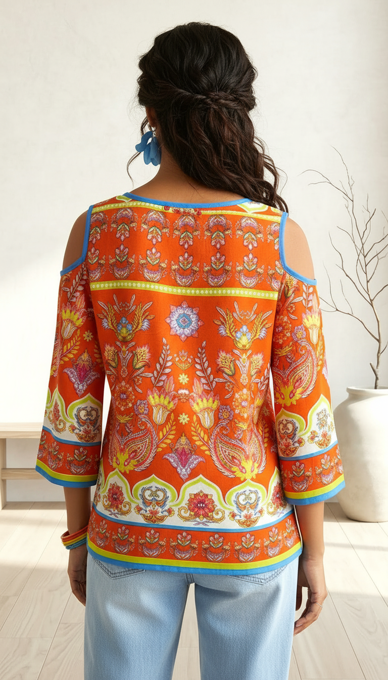 Boho-Chic Orange Paisley Cold-Shoulder Top with Contrast Piping