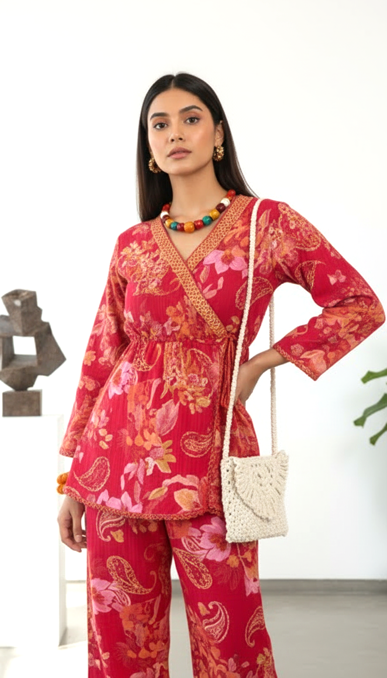 Crimson Bloom Paisley Angrakha Co-ord Set