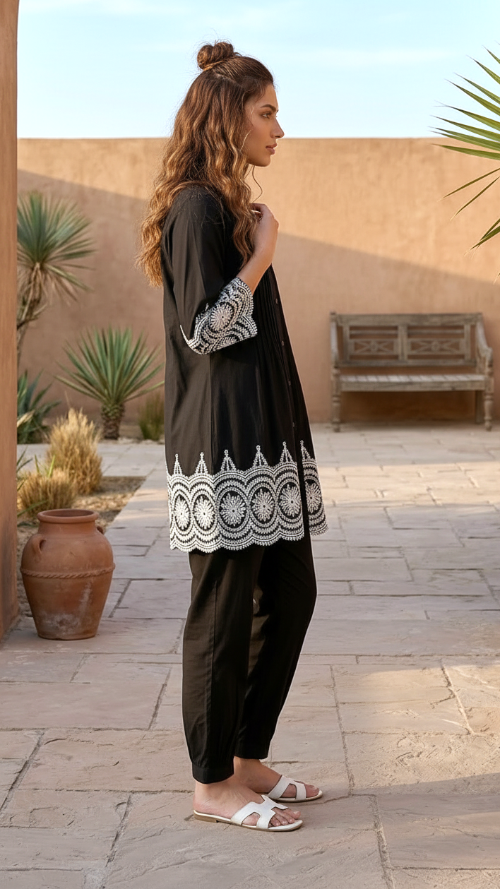 Daylist Midnight Noir Embroidered Co-ord Set – Black Pin-tuck Tunic with Scalloped Borders