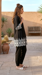 Daylist Midnight Noir Embroidered Co-ord Set – Black Pin-tuck Tunic with Scalloped Borders