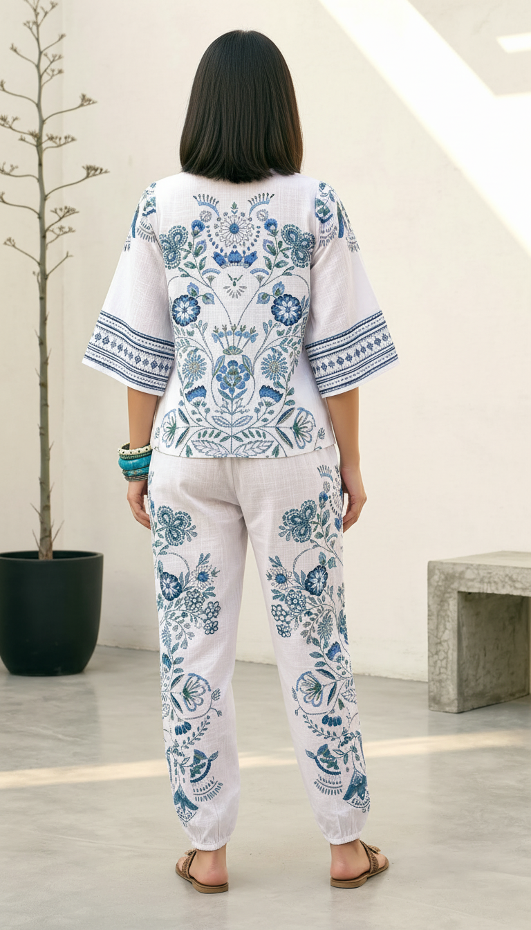 White Blue Embroidered Co-Ord Set for Women | Cotton Bell Sleeve Outfit | Daylist India