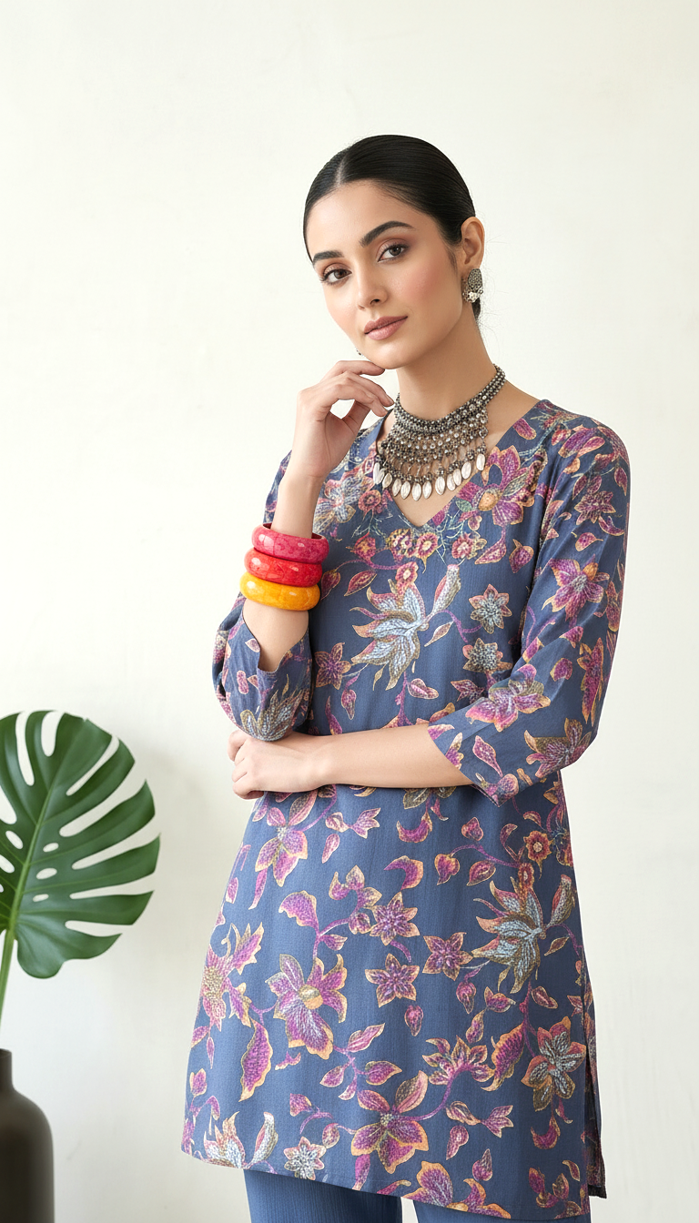 Indigo Blue Floral Kurta Set for Women | Office Wear | Daylist