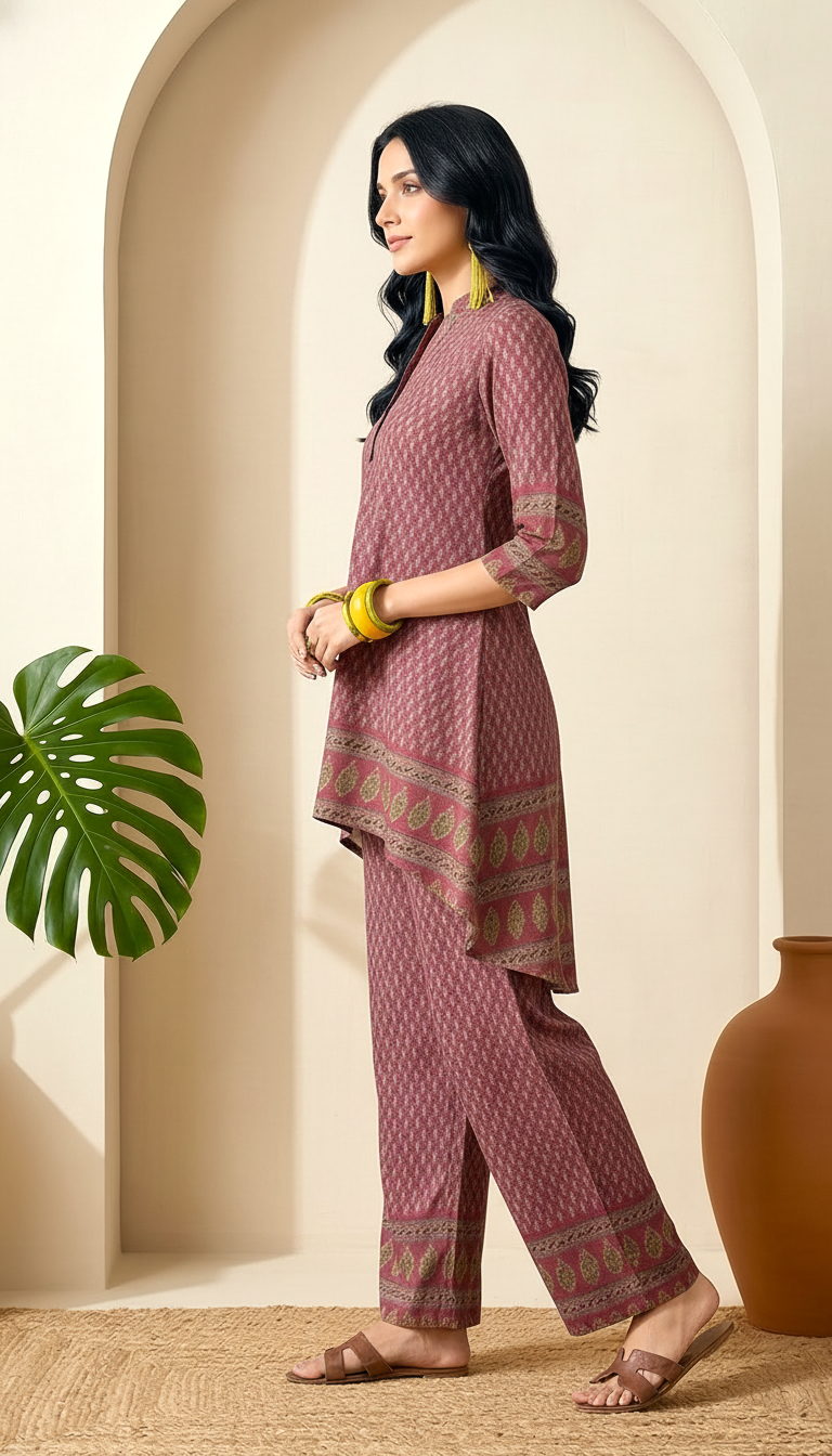 Mauve & Sage Floral Printed High-Low Co-ord Set with Mandarian Collar