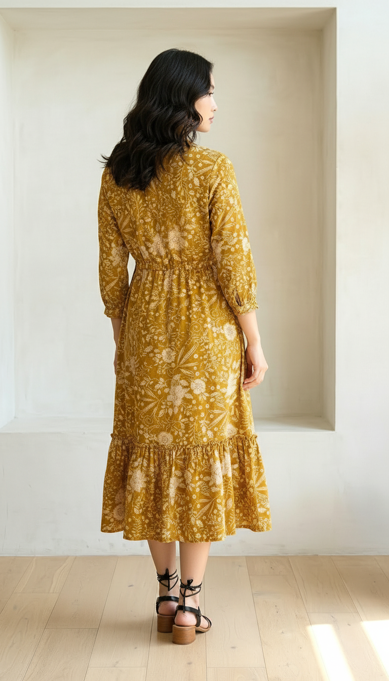 Mustard Yellow Floral Printed Tiered Midi Dress | Daylist.in