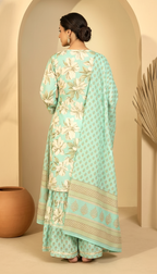 Daylist.in Mint Green Floral Printed Tiered Sharara Set with Embroidered Yoke – 3 Piece Festive Suit