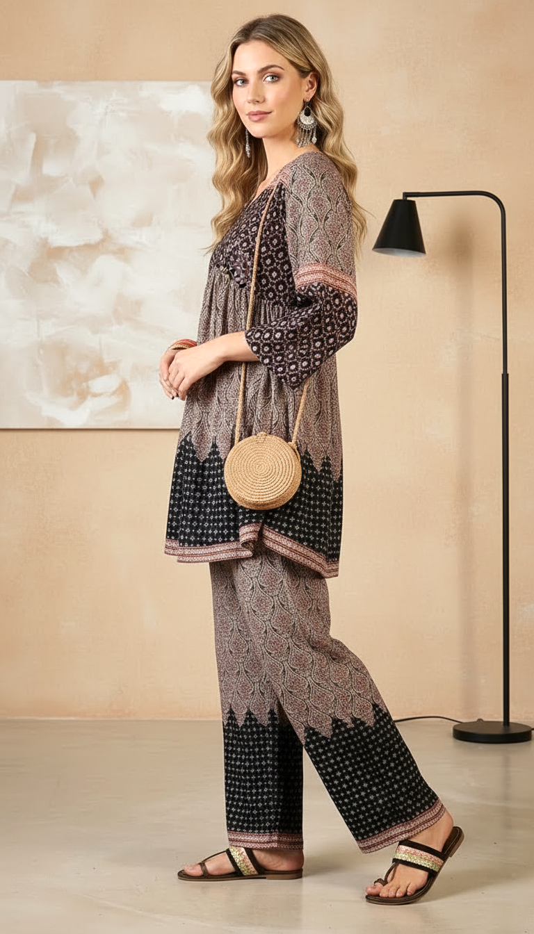 Daylist Midnight Black Embroidered Co-Ord Set – Premium Cotton-Linen Shirt & Palazzo 2-Piece Set