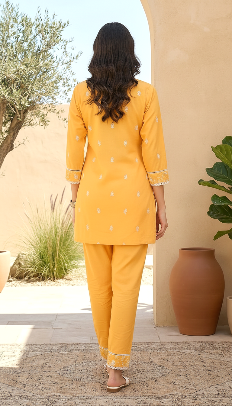 Mustard Yellow Embroidered Co-ord Set | Schiffli Cotton Tunic | Daylist.in