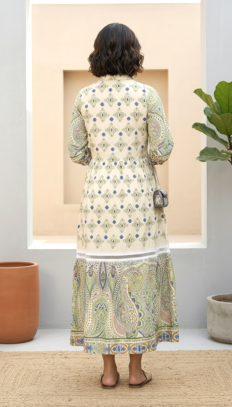 Ivory & Sage Green Paisley Printed Tiered Maxi Dress | Daylist.in