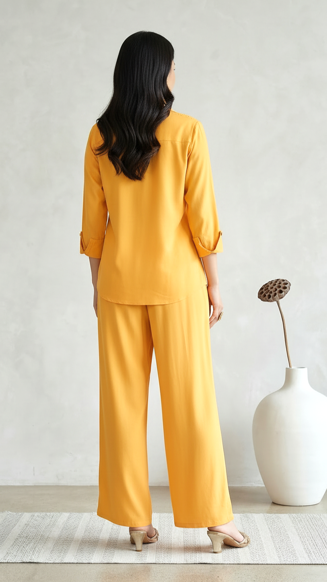 Mustard Yellow Embroidered Co-Ord Set for Women | Shirt Style Kurti & Palazzo Set | Daylist