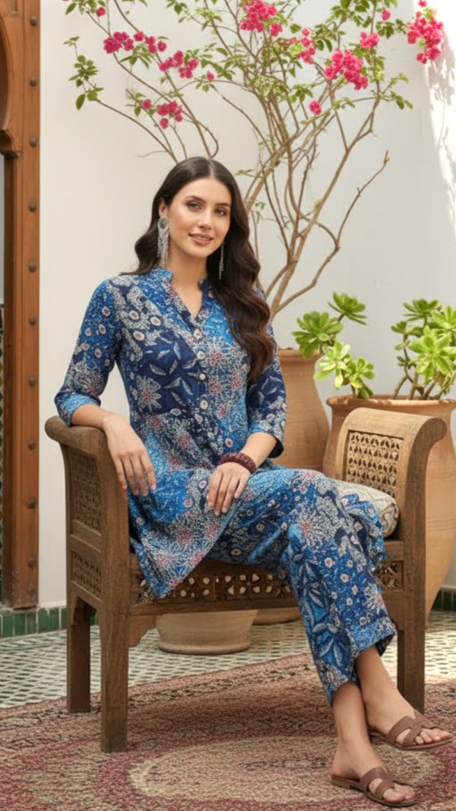 Blue Printed Kurti Pant Co-Ord Set for Women | Ethnic Relaxed Fit Outfit | Daylist