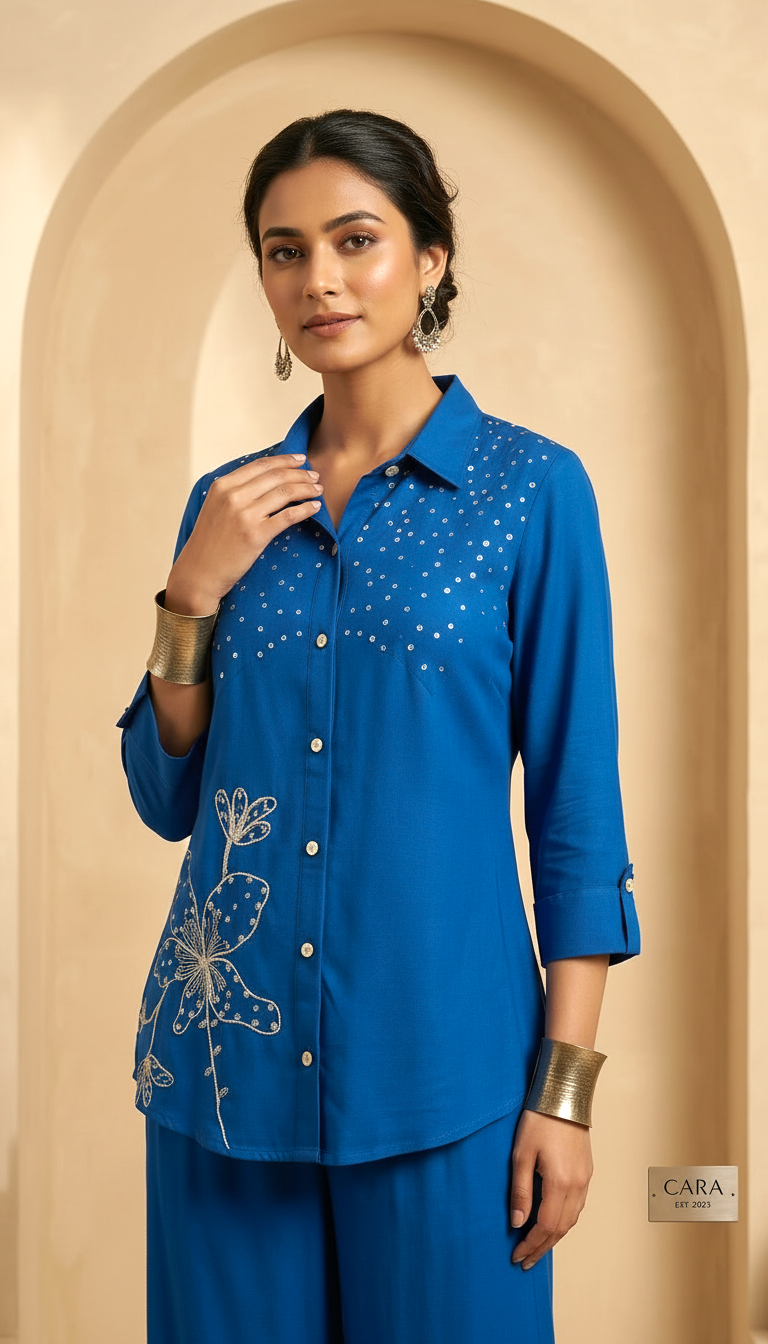 Daylist Blue Embroidered Cotton Shirt & Palazzo Co-Ord Set – 2 Piece Ethnic Lounge Wear