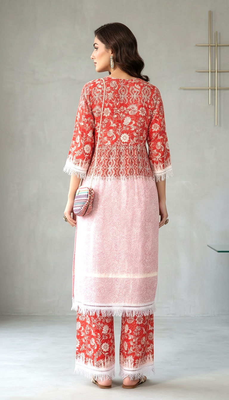 Vermillion & Blush Ombre Floral Kurta Set with Scalloped Fringe Detailing