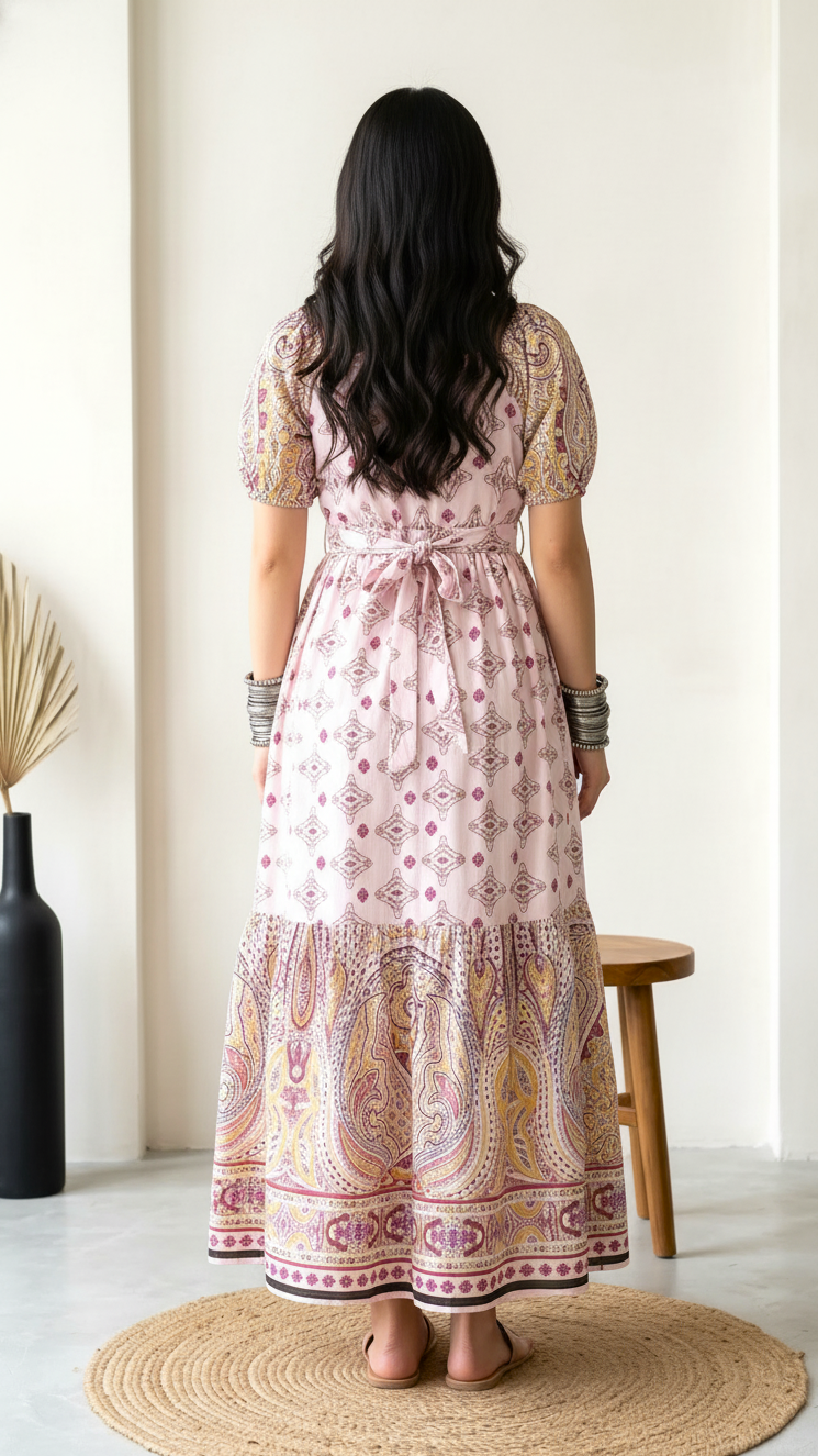 Blush Pink Printed A-Line Midi Dress with Ethnic Motifs for Women