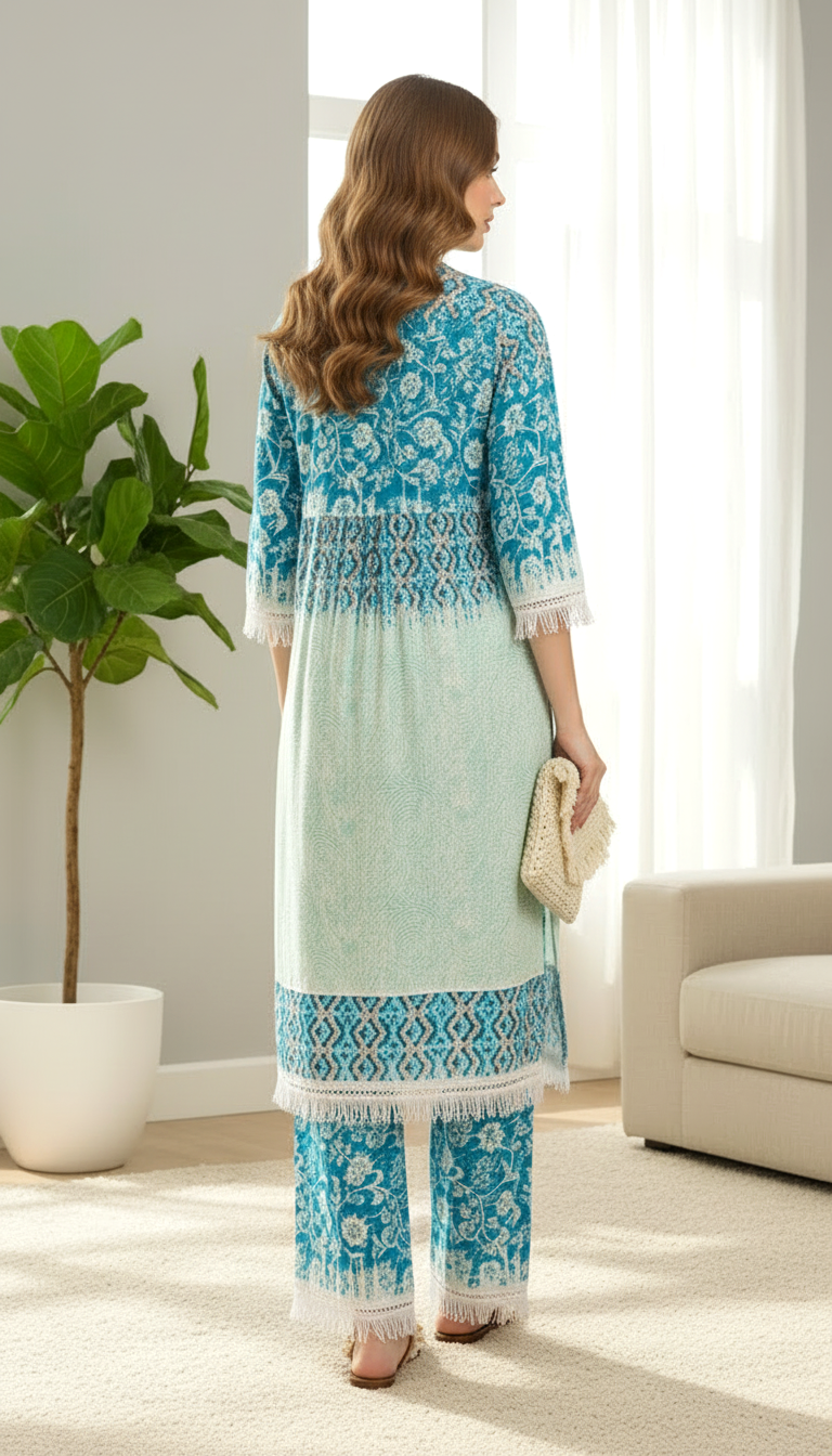 Teal Blue Printed Kurta Pant Set with Lace Detailing for Women