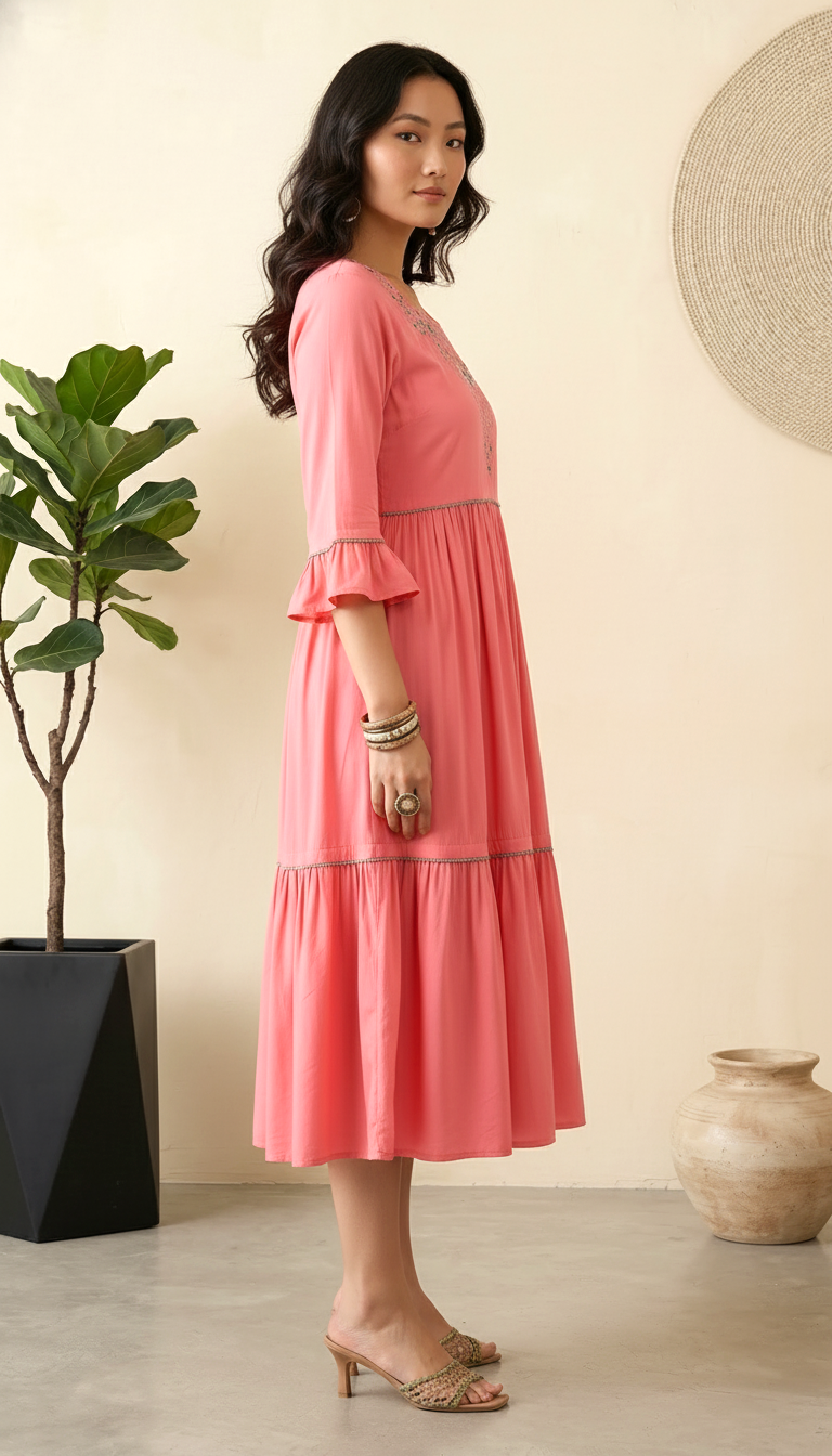 Coral Pink Embroidered Tiered Midi Dress for Women