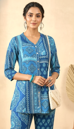 Teal Blue Mosaic Printed Button-Down Kurta Set | Daylist.in