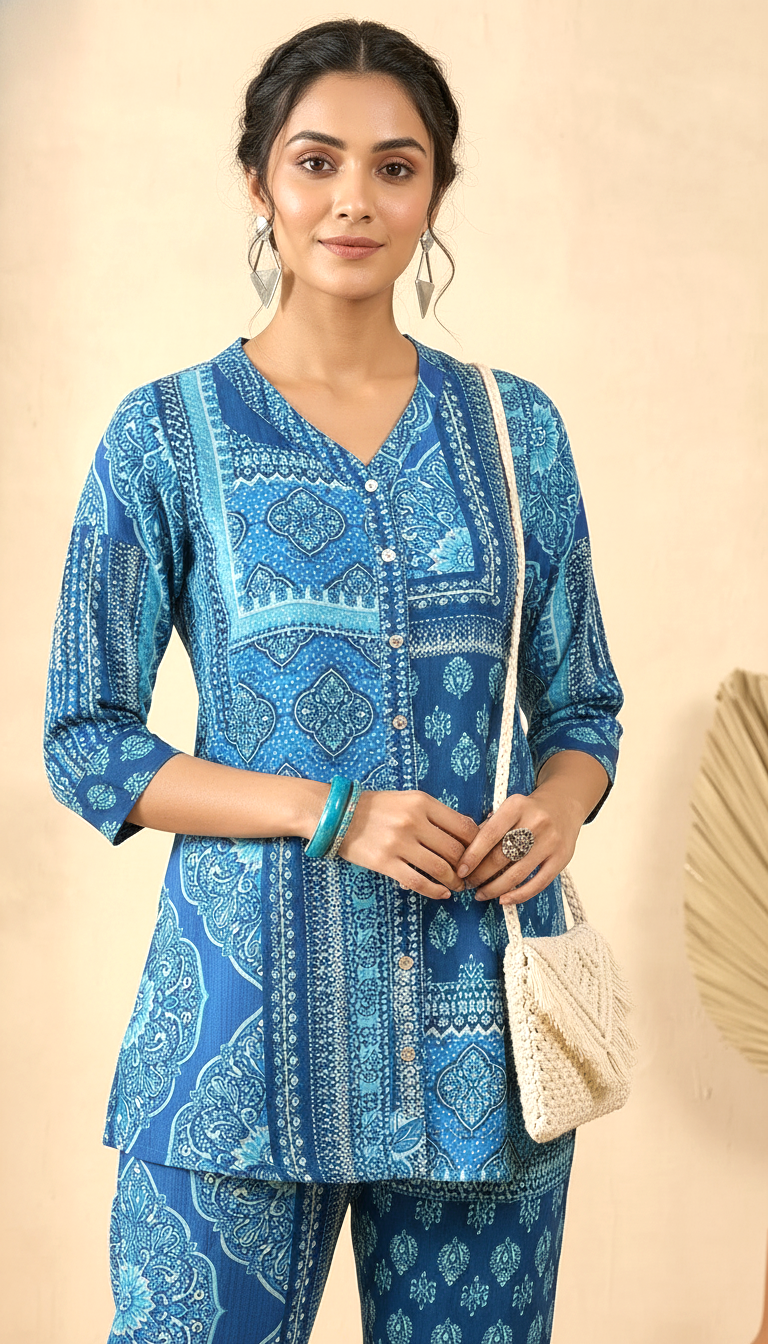 Teal Blue Mosaic Printed Button-Down Kurta Set | Daylist.in