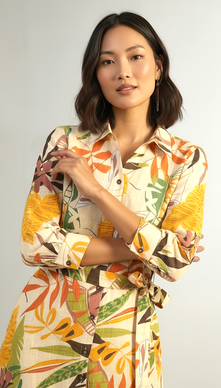Botanical Print Cotton-Linen Shirt Dress | Belted Midi | Daylist.in