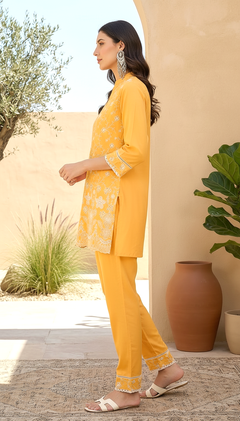 Mustard Yellow Embroidered Co-ord Set | Schiffli Cotton Tunic | Daylist.in