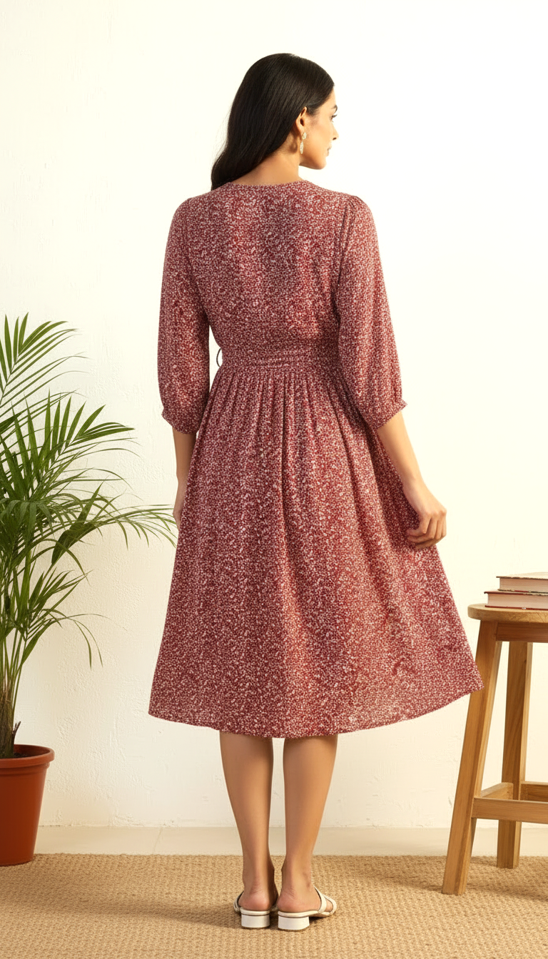 Crimson Ditsy Print Midi Dress | Women's Fit & Flare | Daylist.in