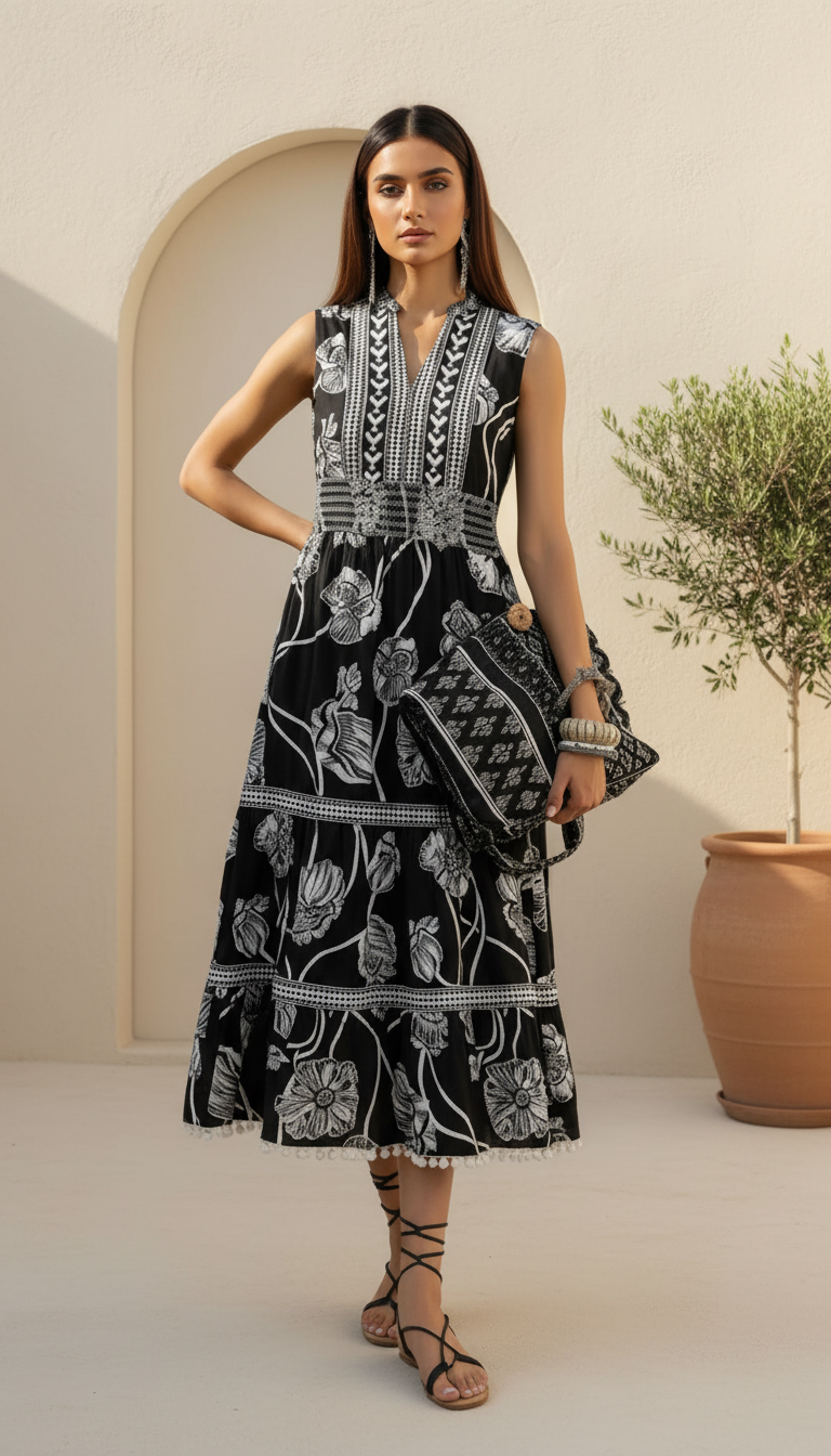 Daylist Monochrome Botanical Print Tiered Midi Dress – Sleeveless V-Neck Fusion Dress with Tassel Hem