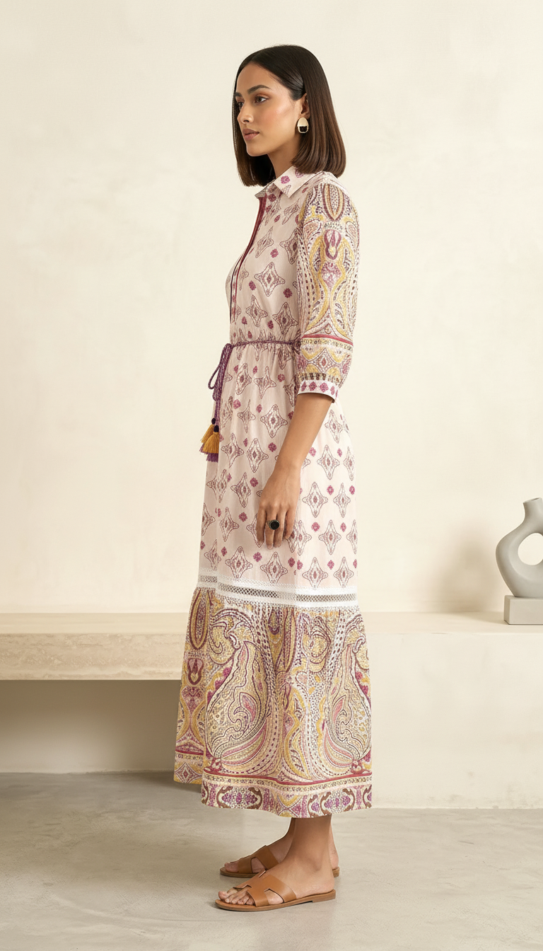 Boho Paisley Printed Midi Dress with Tassel Tie-Up | Women’s Ethnic Day Dress