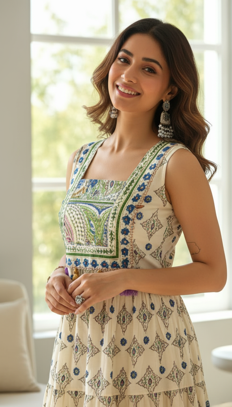 Daylist Cream Printed Sleeveless Maxi Dress with Ethnic Motifs