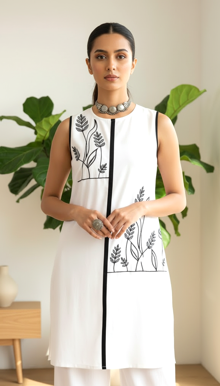Daylist White Minimal Embroidered Kurta & Palazzo Set – Elegant Monochrome Co-ord