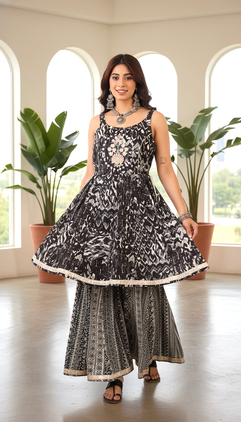 Black & Silver Printed Peplum Kurti with Palazzo Set – Ethnic Co-Ord Outfit for Women
