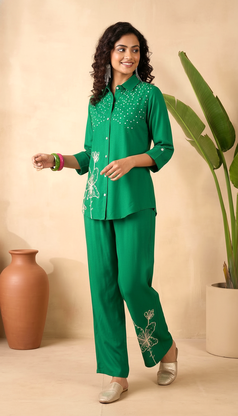 Daylist Emerald Green Embroidered Co-Ord Set – Premium Cotton Shirt & Palazzo 2-Piece Ensemble