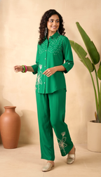 Daylist Emerald Green Embroidered Co-Ord Set – Premium Cotton Shirt & Palazzo 2-Piece Ensemble