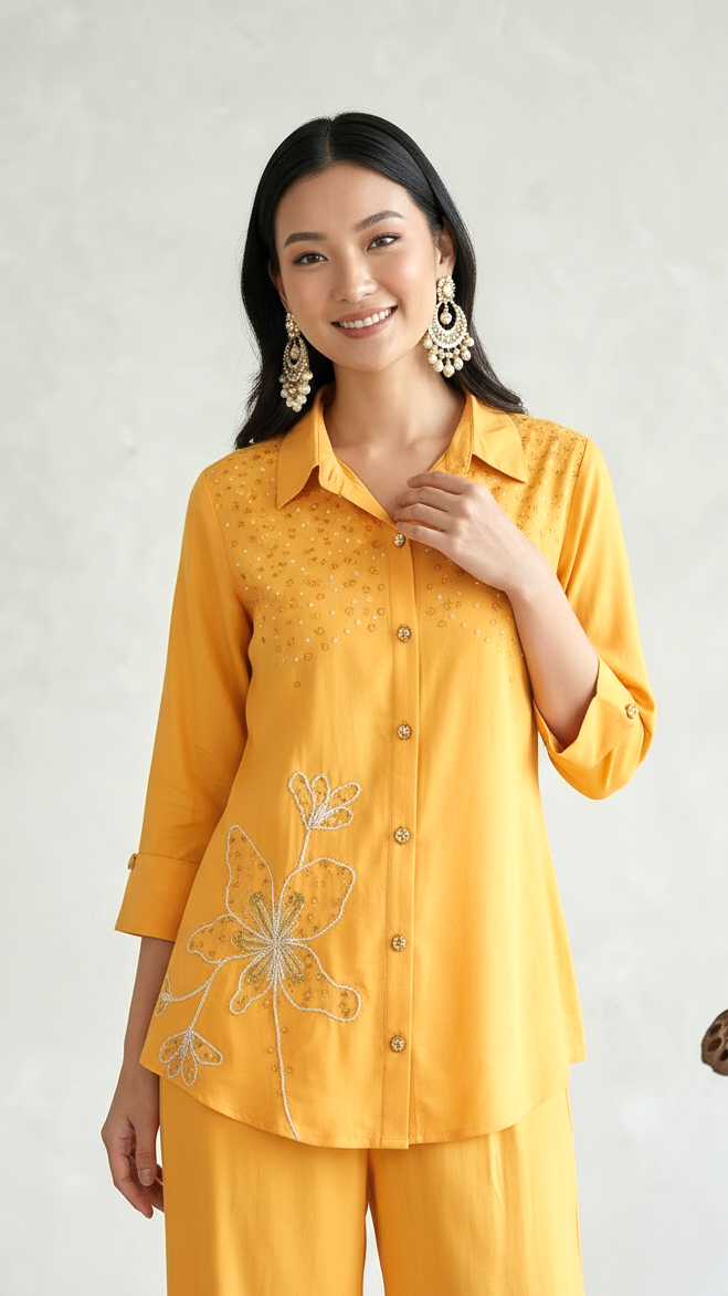 Mustard Yellow Embroidered Co-Ord Set for Women | Shirt Style Kurti & Palazzo Set | Daylist