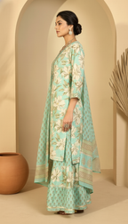 Daylist.in Mint Green Floral Printed Tiered Sharara Set with Embroidered Yoke – 3 Piece Festive Suit