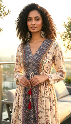 Beige Printed Ethnic Co-Ord Set for Women | V-Neck Kurti with Printed Pants