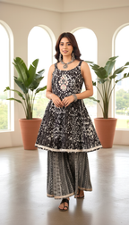 Black & Silver Printed Peplum Kurti with Palazzo Set – Ethnic Co-Ord Outfit for Women