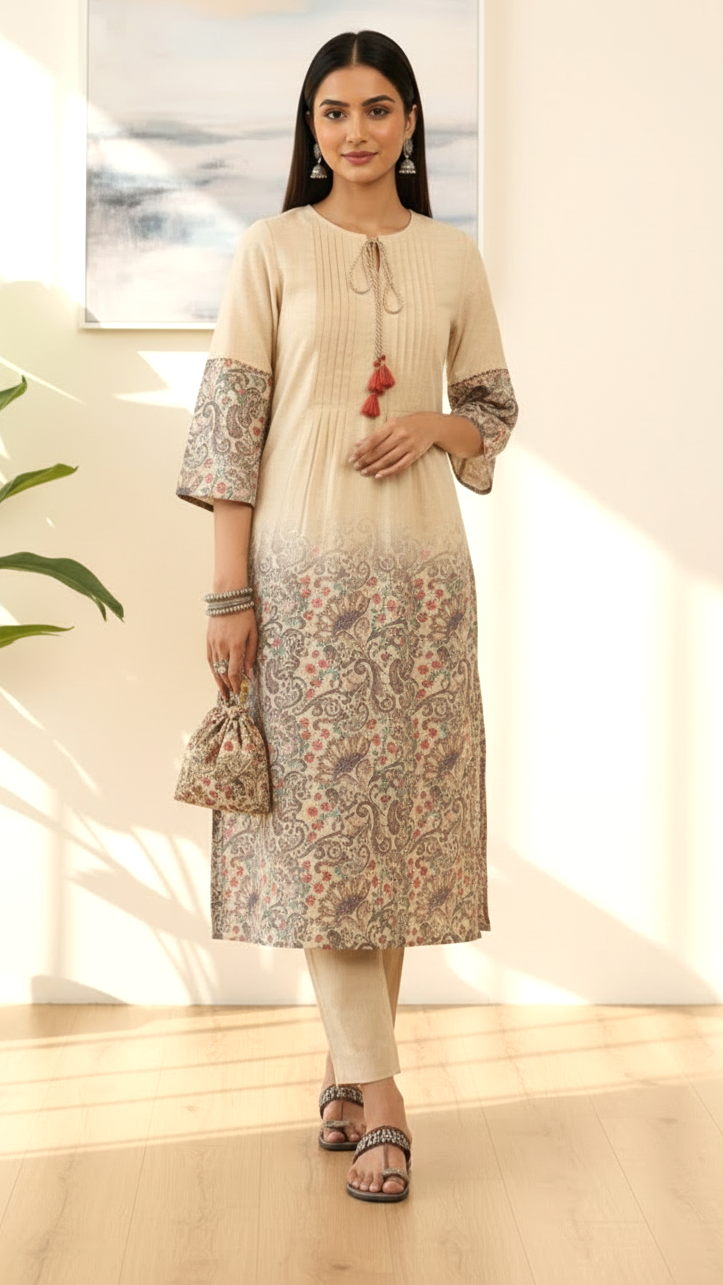Beige Floral Printed Kurta Set with Tassel Detail & Potli Bag