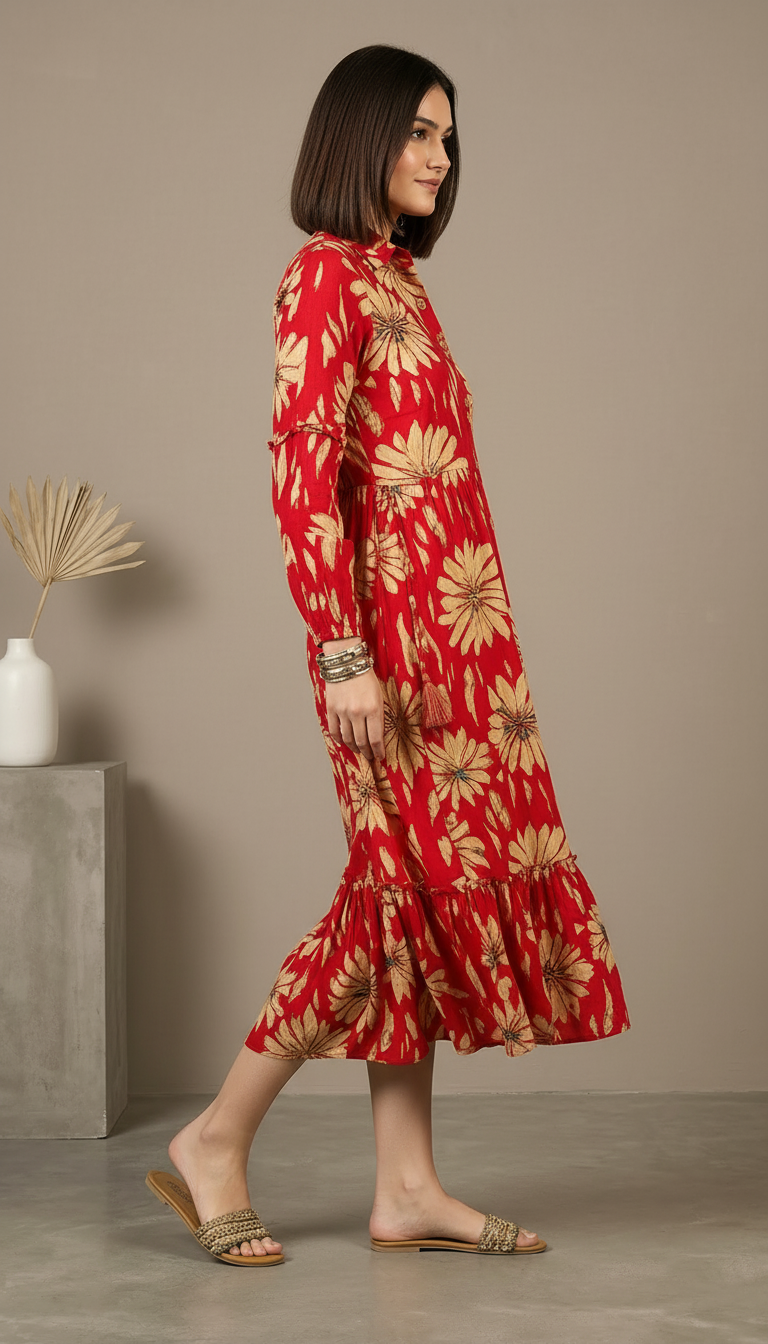 Crimson Red Sunflower Print Tiered Shirt Dress | Daylist.in
